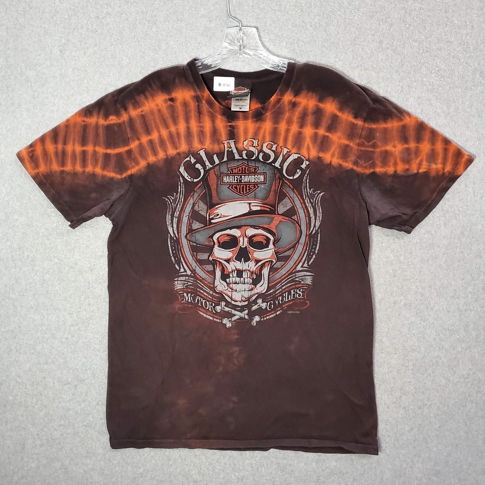 Harley Davidson Men Shirt M Brown Tie Dye Skull Biggs San Marcos CA Graphic Tee